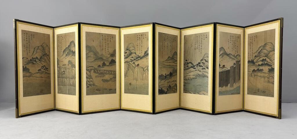 Chinese eight-panel silk watercolor folding screen sold at auction